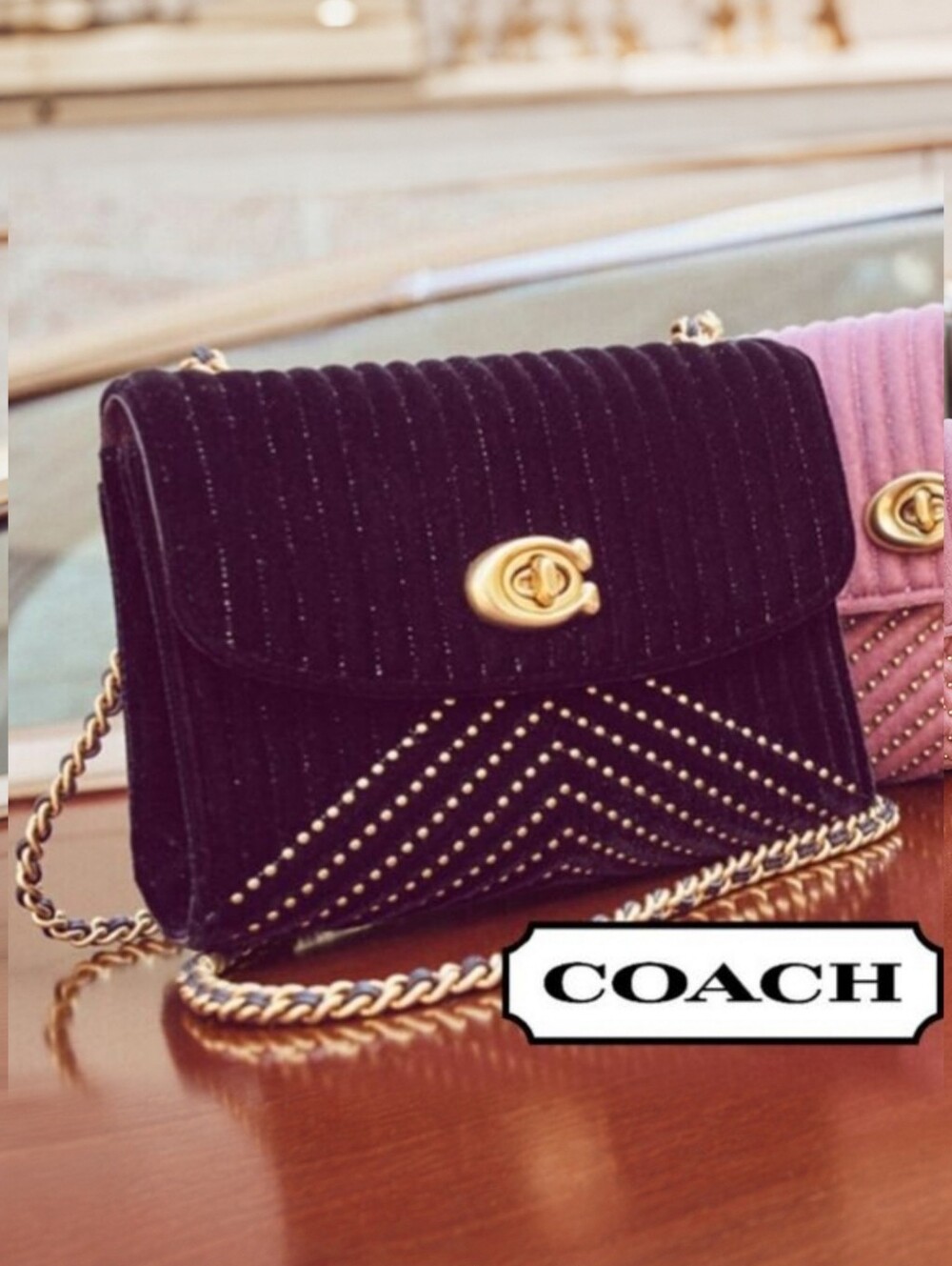 COACH RETAIL Deep Plum Purple Quilted Velvet Studded Turnlock Bag